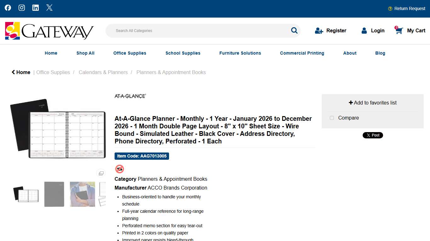 At-A-Glance Planner - Monthly - 1 Year - January 2026 to December 2026 - 1 Month Double Page Layout - 8" x 10" Sheet Size - Wire Bound - Simulated Leather - Black Cover - Address Directory, Phone Directory, Perforated - 1 Each