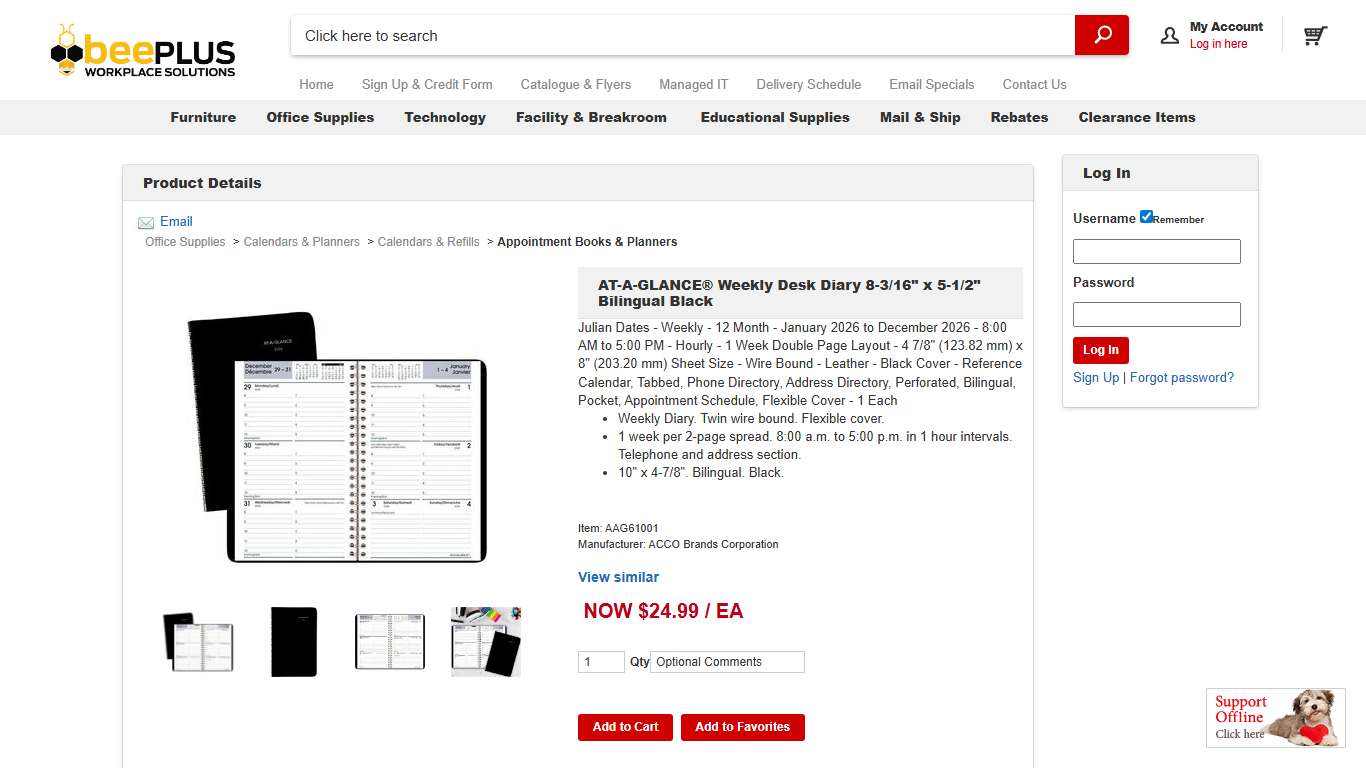 AT-A-GLANCE® Weekly Desk Diary 8-3/16" x 5-1/2" Bilingual Black | beePLUS Workplace Solutions